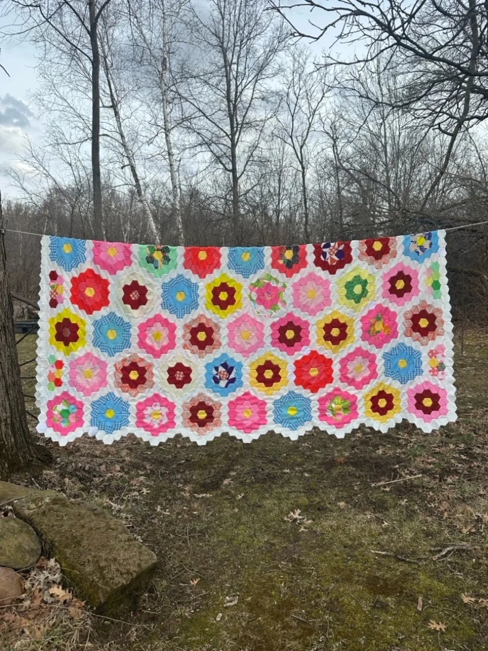 Vintage Grandmother’s Garden Quilt Topper HandmadeHexagon Floral Cottagecore
